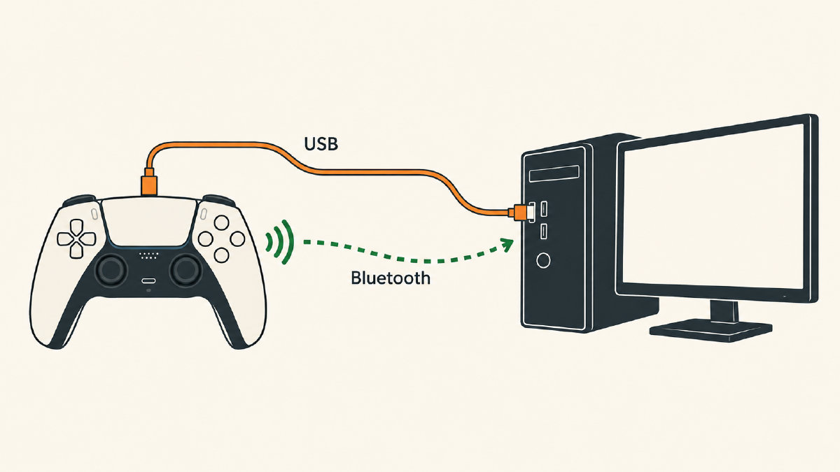 Diagram showing a DualSense controller connecting to a Windows PC through either USB or Bluetooth.