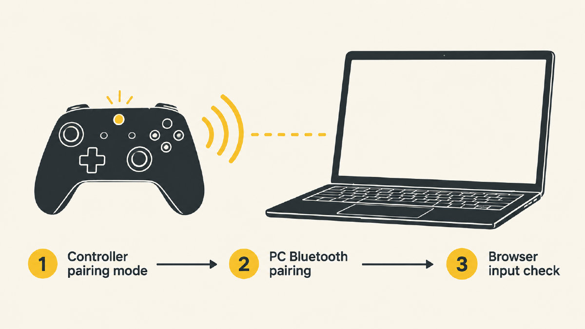 Diagram showing controller pairing mode, Windows 11 Bluetooth pairing, and a separate browser input check.